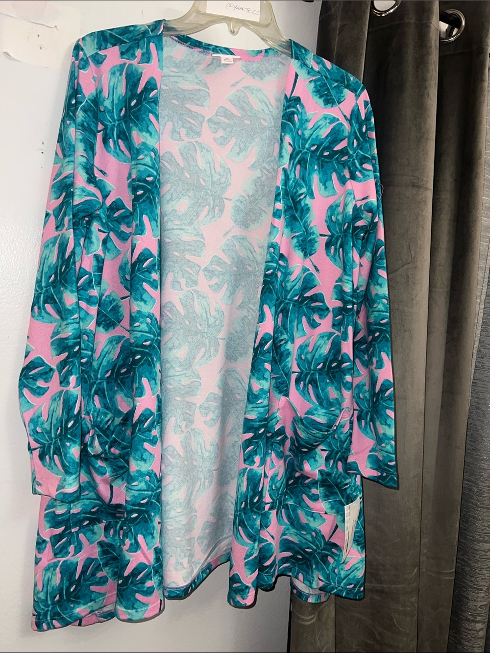 Lularoe Caroline Teal Pink Tropical Leaf Open Cardigan - Pink & Teal Medium